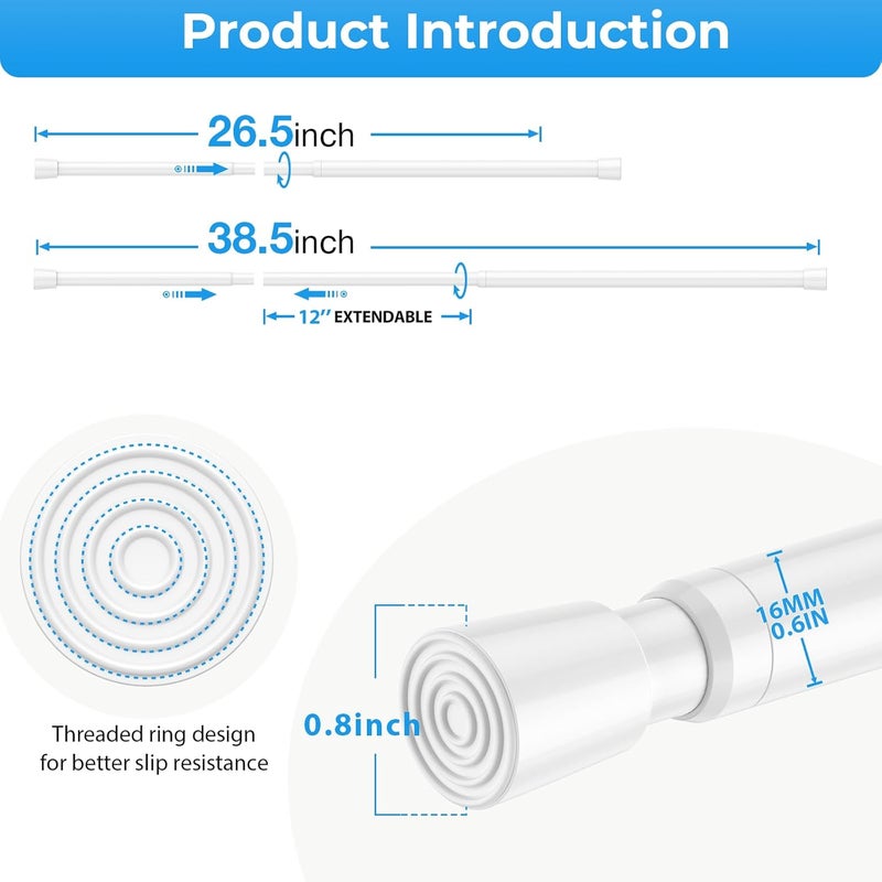 MEXAU 2PCS Small Tension Curtain Rod 27 to 38 Inch,White Short Curtain Rods No Drilling,Loaded Expandable Spring Curtain Rods for Windows Kitchen,Closet,Cupboard,Door,Bookshelf - Image 3